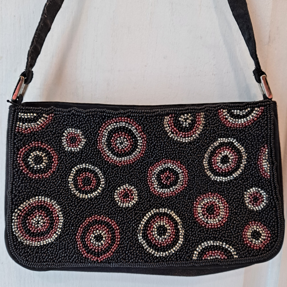 Novica Black Red Silver Beaded & Satin Shoulder Bag Circle Of Beauty Design